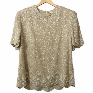 NWT Vintage Silk Beige Pearls Beaded Sequins Bling Top